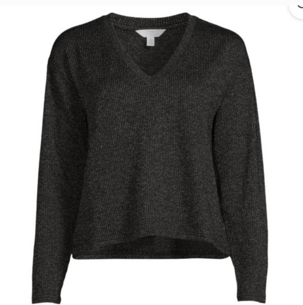 Time & Tru Grey & Black Ribbed Long Sleeve Pullover V-Neck Knit Top Sz L - Picture 2 of 16